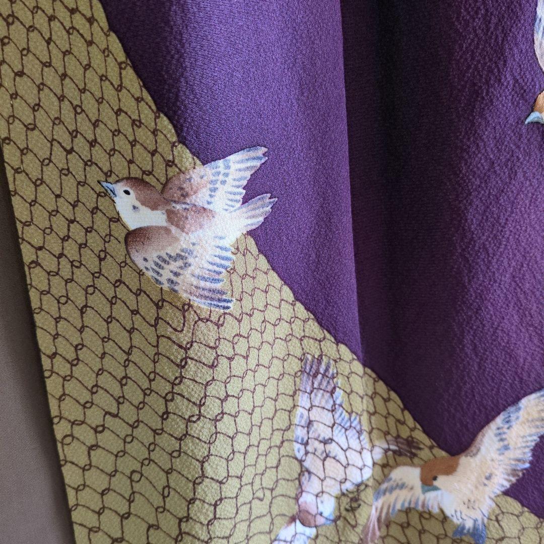 花井幸子丹後縮緬 可愛い雀刺繍パールトーン加工あり 帯締も作家物 2
