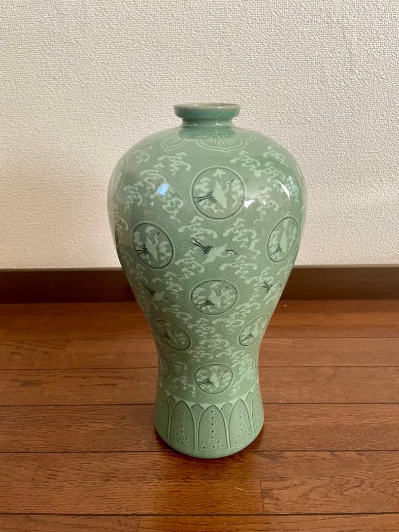 高麗青磁 趙京 梅瓶 象嵌 雲鶴文 一光 韓国 37cm 花瓶 美品 伝統工芸