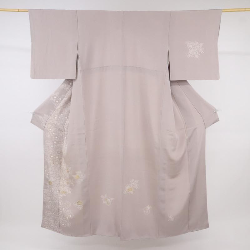 《特選◆訪問着■シンプル桜梅の花◆薄梅鼠色■ちりめん地◆袷正絹着物◆HC2-4》