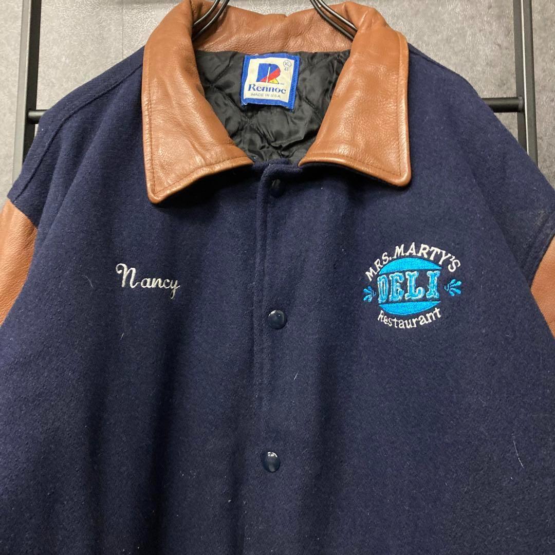 《US古着》企業 ウール・レザー 本革 中綿 スタジャン 刺繍ロゴ メンズXL