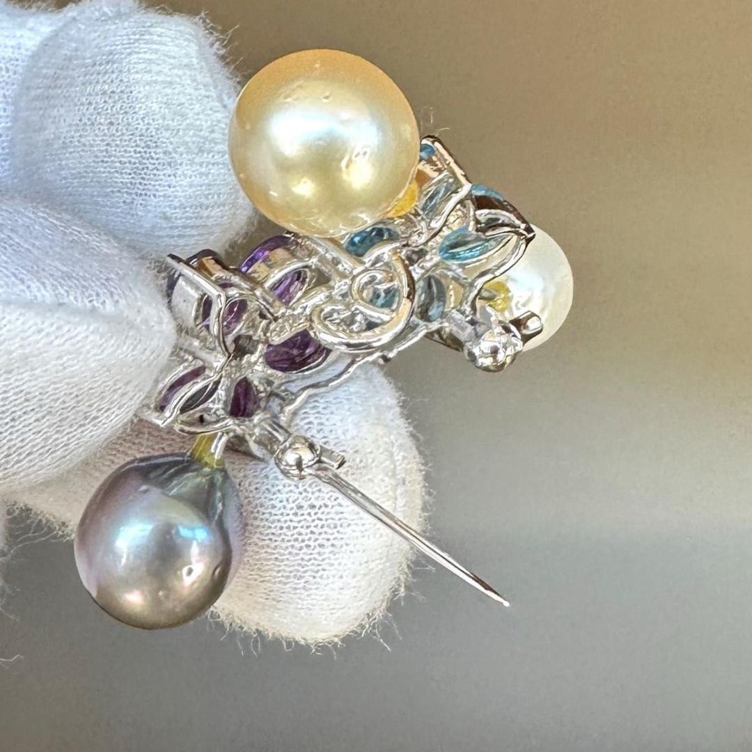 アメジスト　ブルートパーズ　パール3pcs　ブローチ　SVシルバー 10.22g