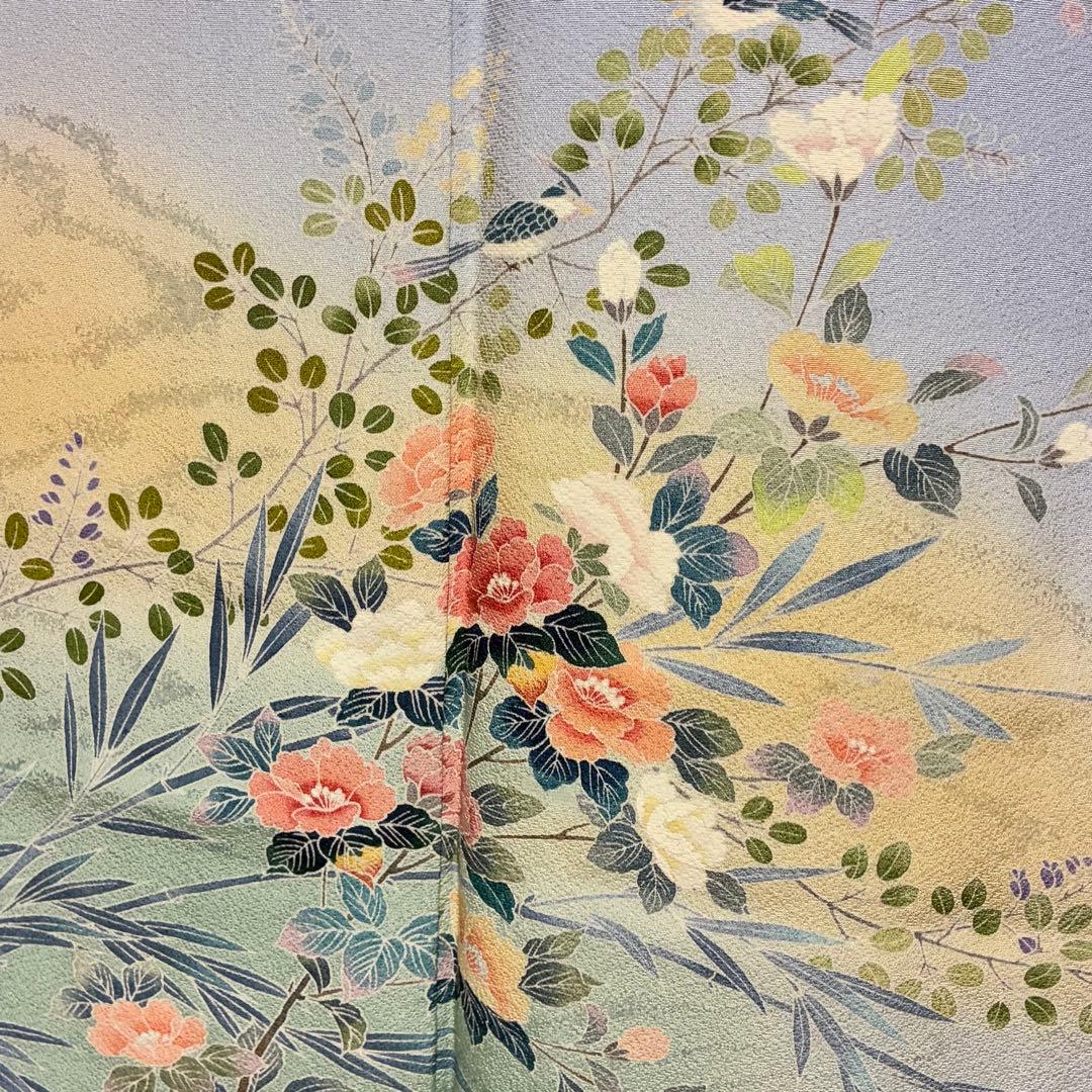 D312 訪問着 手描き友禅 花模様 正絹 着物 袷 しつけ糸付き未使用極美
