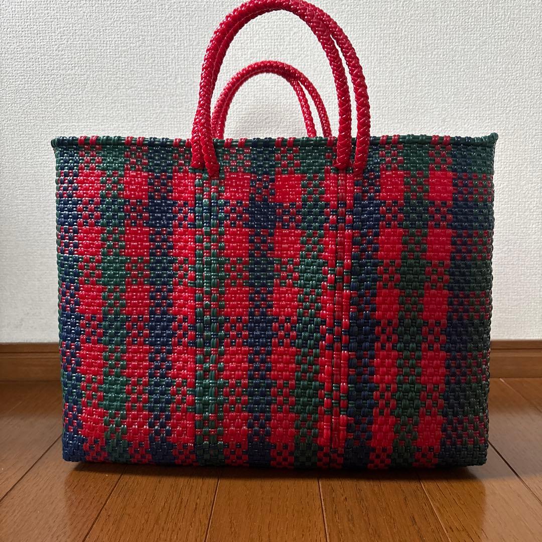 ファミリア かごバッグ メルカドバッグ 赤チェック - メルカリ