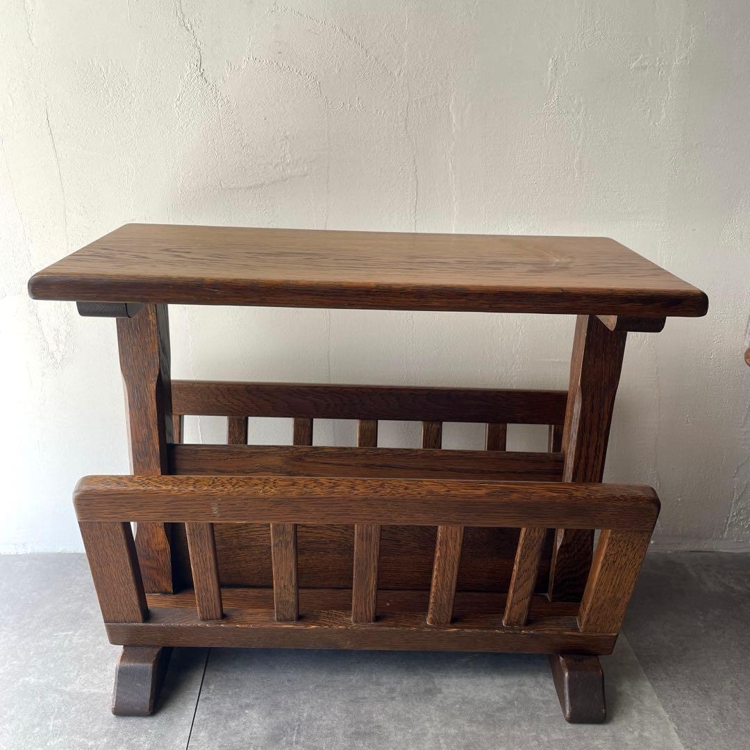 オランダ製　木製　サイドテーブル マガジンラック　オーク無垢材　百貨店 Amazon｜テーブル付きマガジンラック ソファサイドテーブル 雑誌入れ