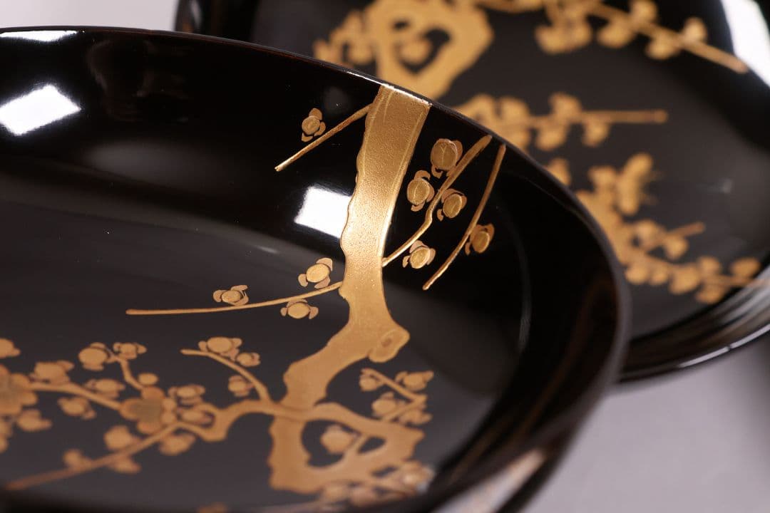 CM232】古い木皿 五客 梅 金蒔絵 黒塗 小皿 菓子皿 木製漆器 大正
