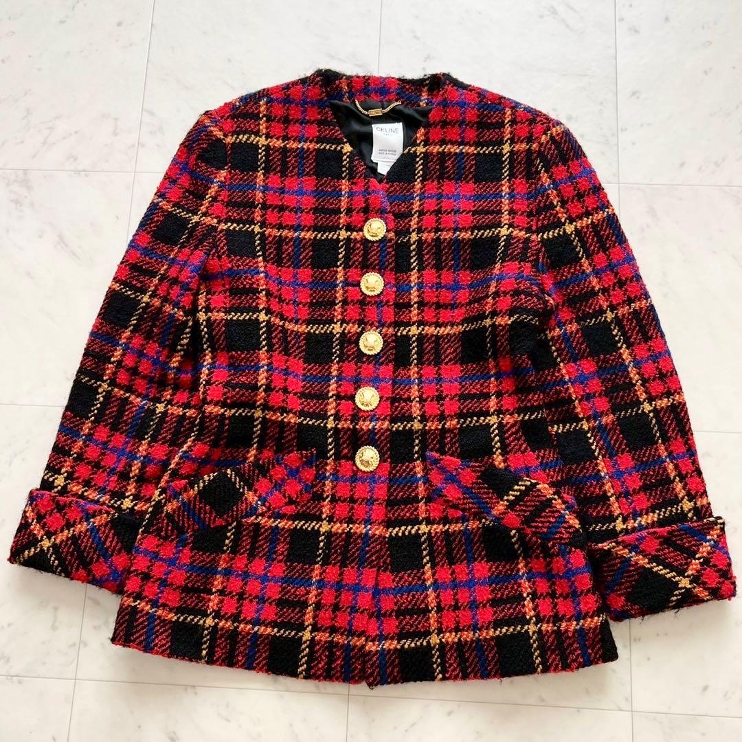 CELINE ヴィンテージ ツイードチェック トリオンフ金ボタンジャケット 中古・古着通販】CELINE (セリーヌ) 【OLD】ツイードジャケット
