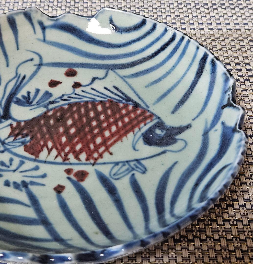中国古陶磁器　明代〜清代　青磁　青華　古染付　辰砂　魚文様　15.2cm　変形皿