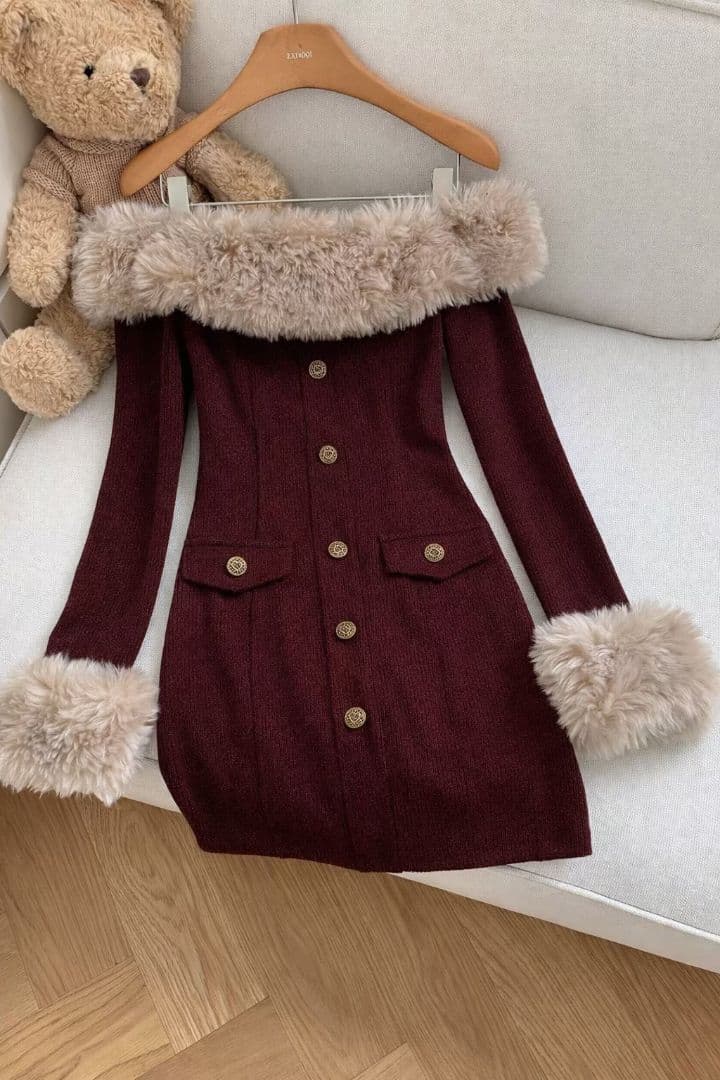 elオフショル ファー ワンピース miu系穿搭 韓国 ワンホン 量産型