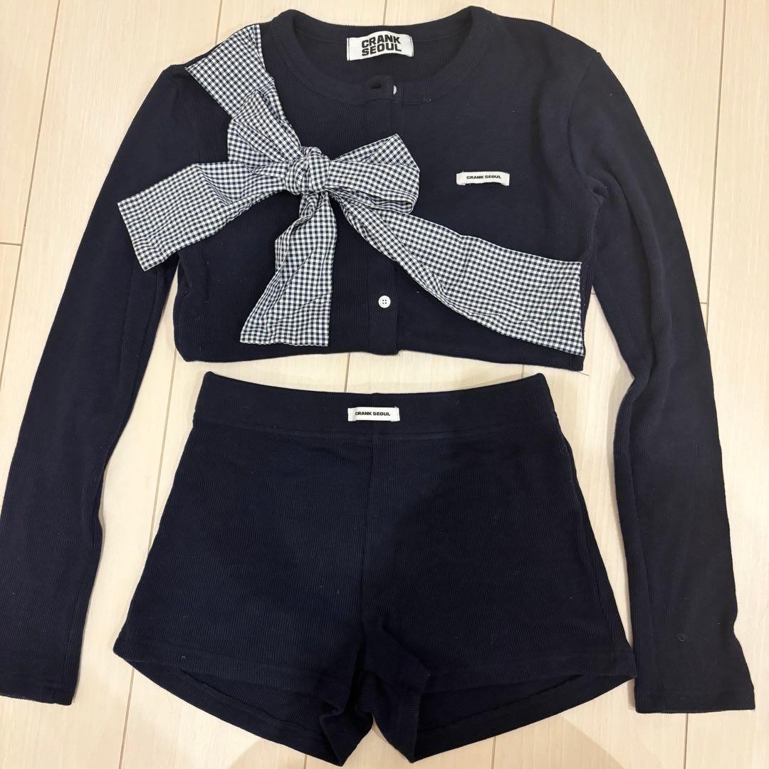 CRANK リボンニットカーディガン パンツ セットアップネイビー - メルカリ