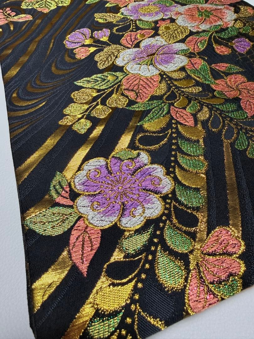 高級 袋帯 正絹 六通柄 辻が花 ブラック ゴールド 振袖 訪問着 色無地