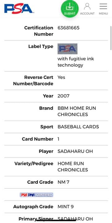 POP1 2007 BBM王貞治 868ホームラン記念 直筆サインカード PSA - メルカリ