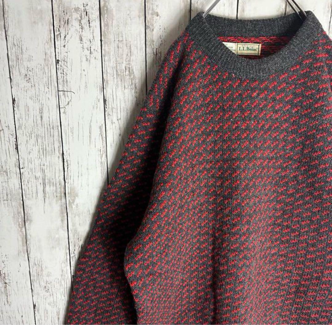 エルエルビーン】バーズアイ ニット 80s サイズL ノルウェー製 ウール 赤