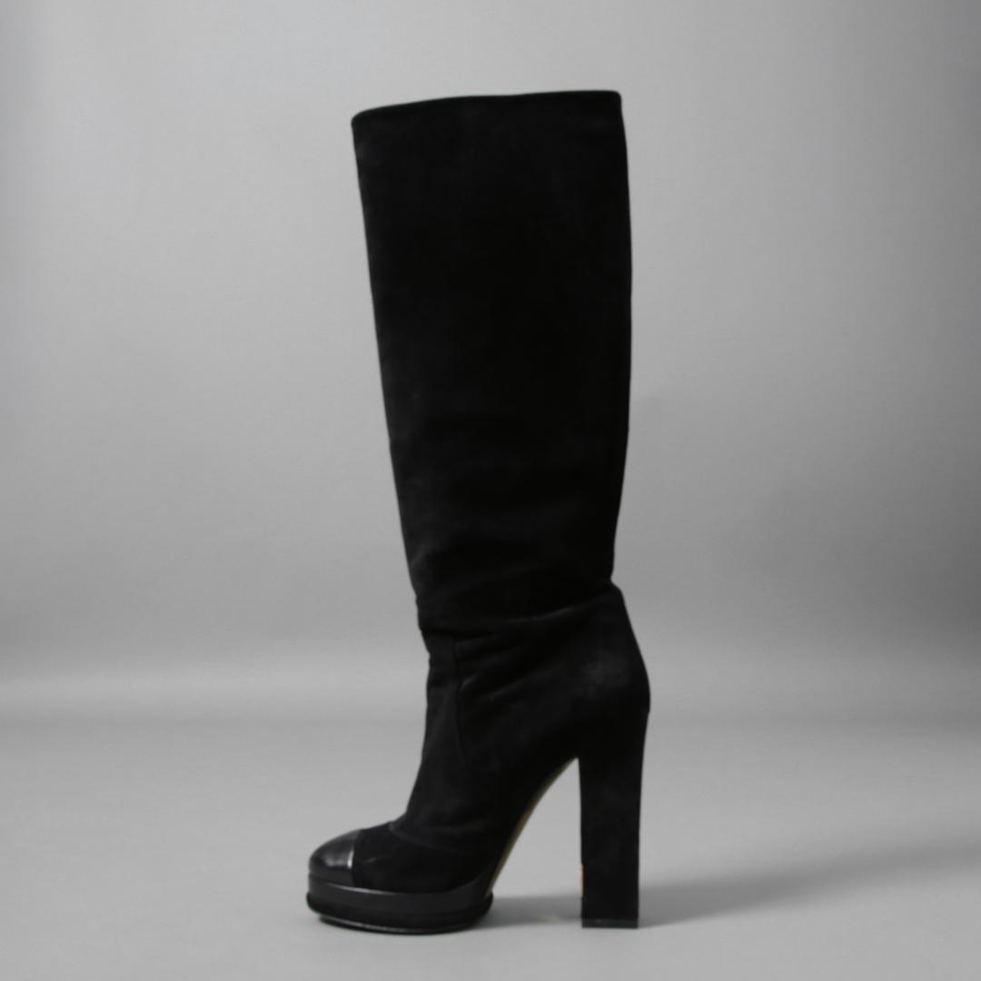 CHANEL CCココマークヒール ロングブーツ ブラックスエード レザー