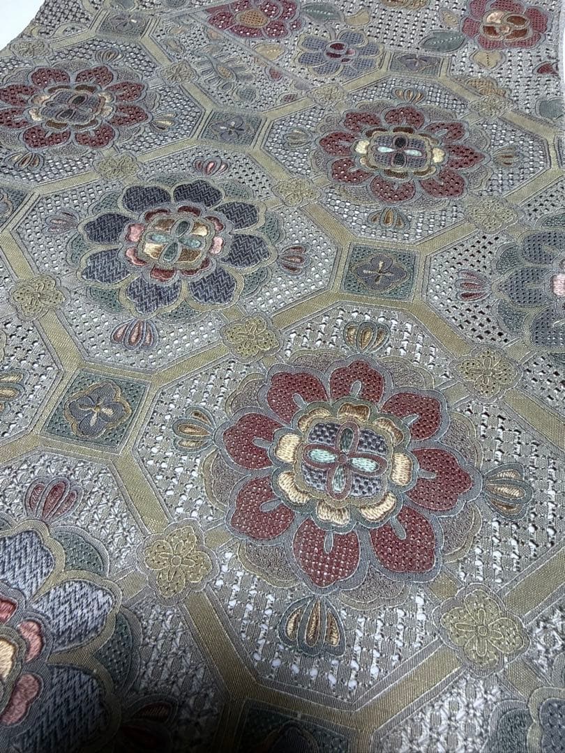 未使用品 高級 袋帯 正絹 六通柄 汕頭刺繍 蘇州刺繍 グリーン カラー芯