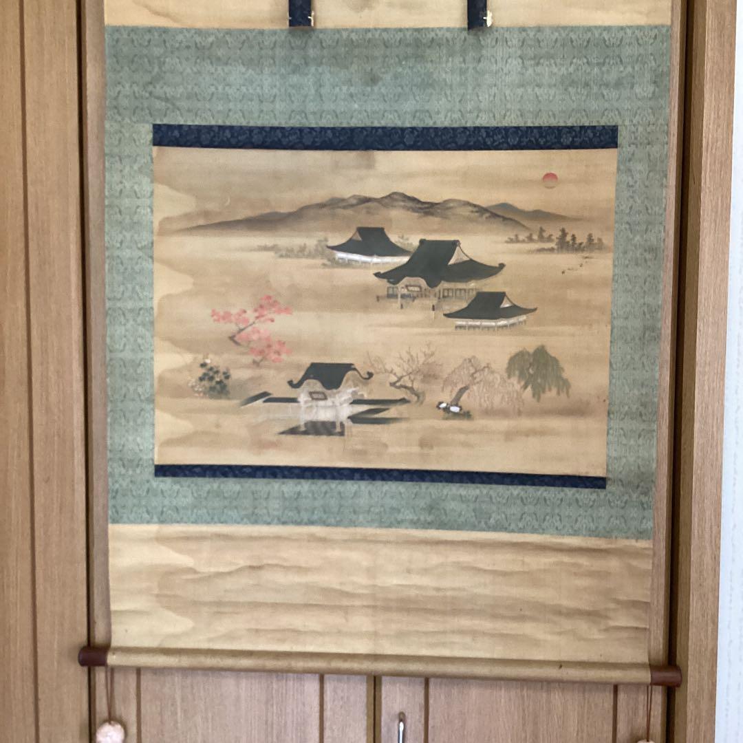 土佐派画紙本【朗詠集祝之詩意】不老門、長生殿之図 掛軸一幅 軸先良品