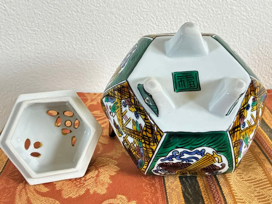 骨董＊九谷焼＊香炉＊陶器＊六角形＊獅子蓋付香炉＊年代物＊美品
