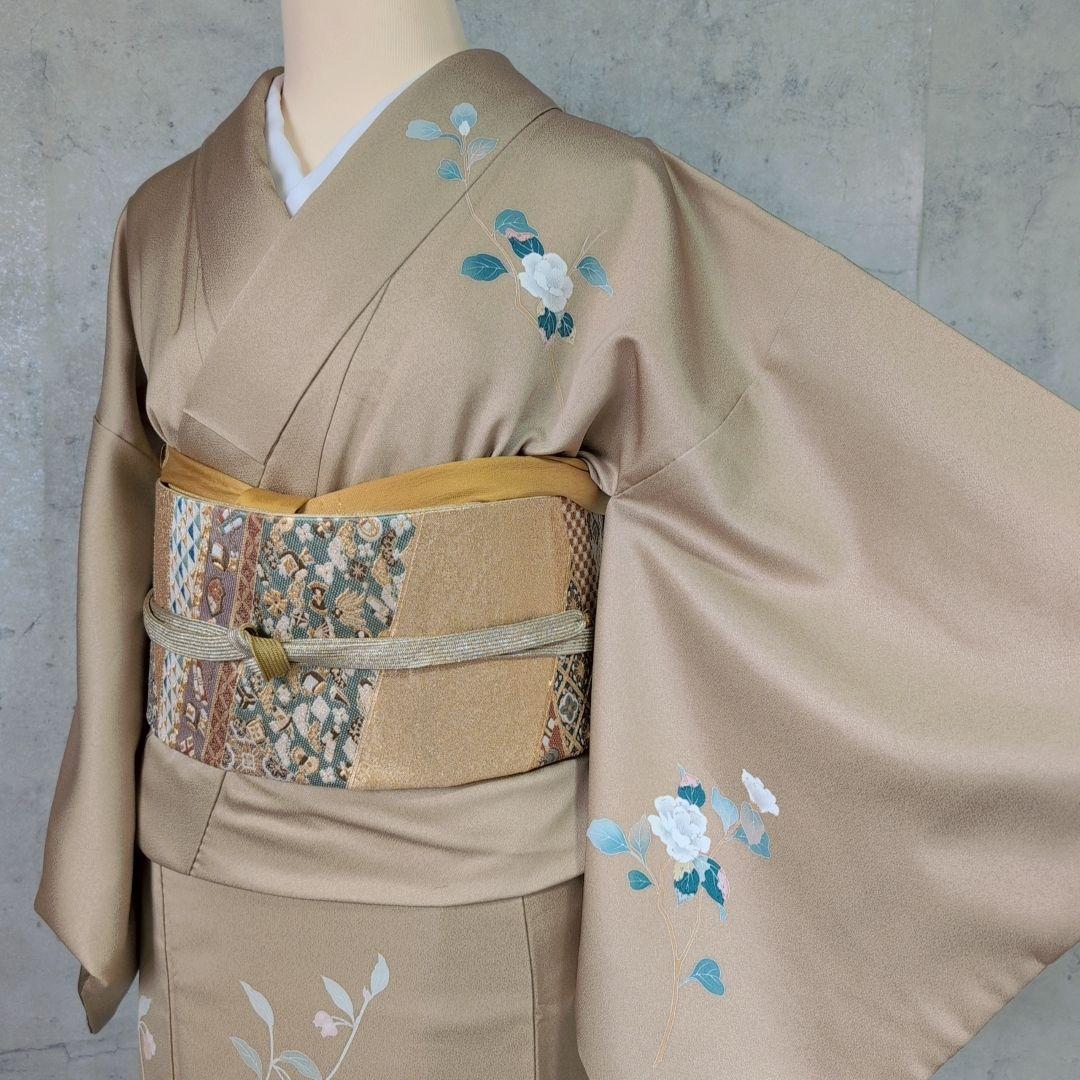 訪問着 フルセット 着物 正絹 ゴールドベージュ 加賀友禅 虫食い F6