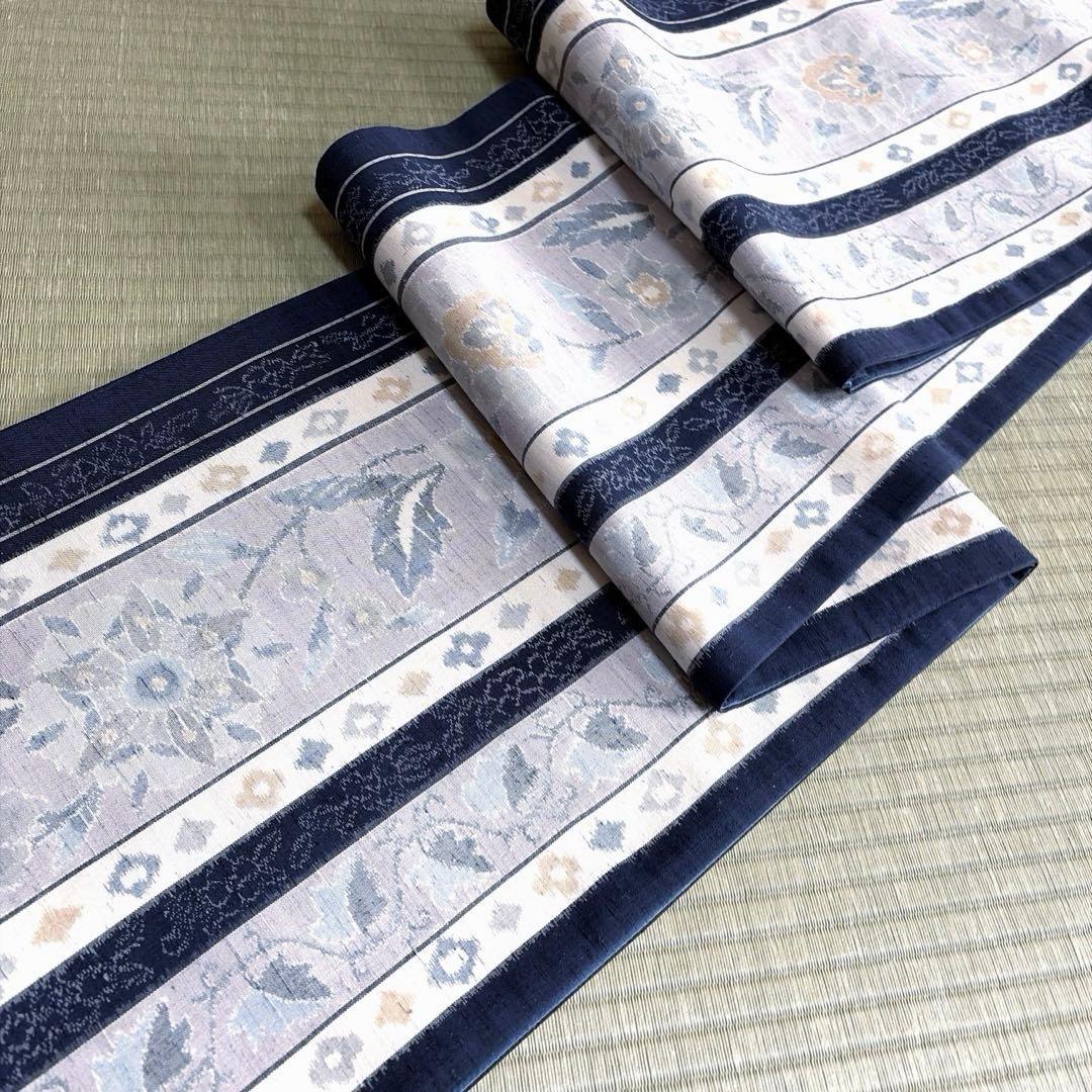 正絹　紬　全通袋帯《ライン　花》