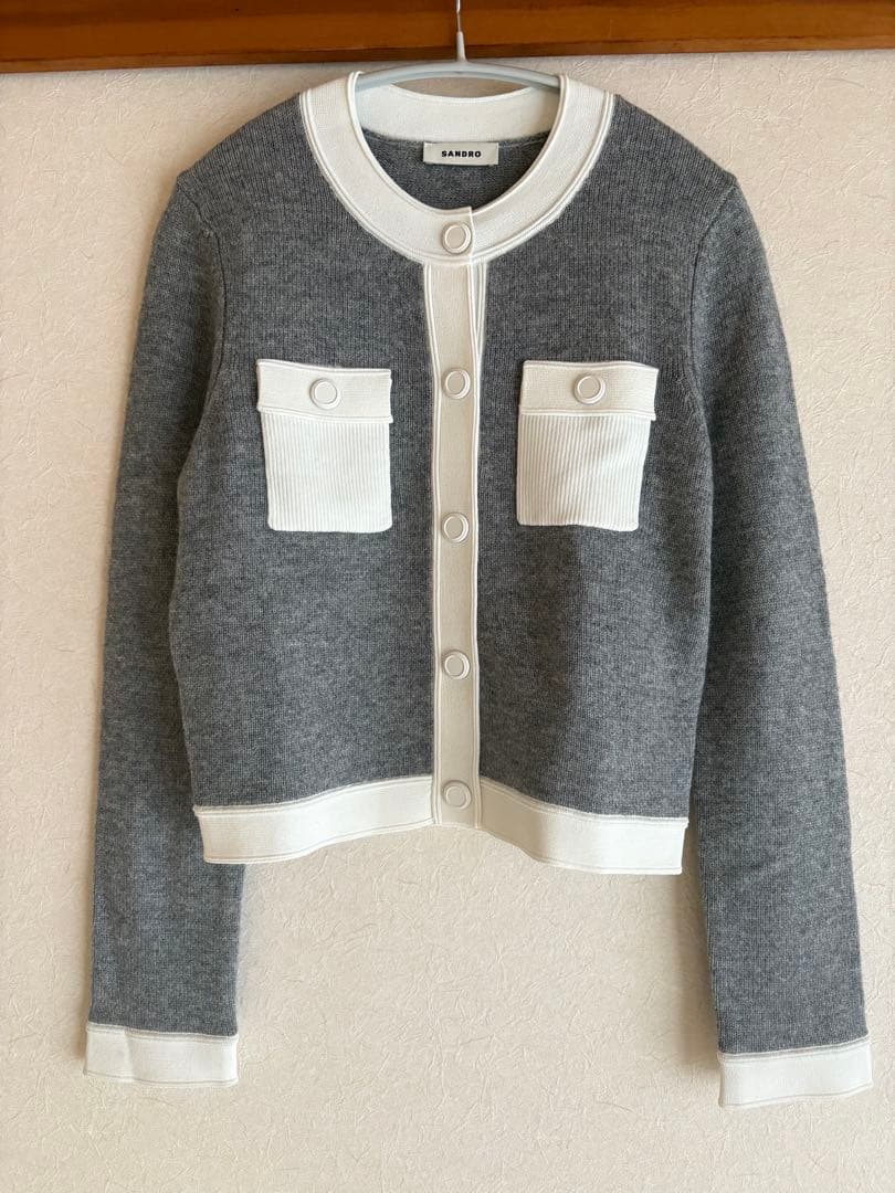 ☆SANDRO☆サンドロ バイカラー ウール ニット カーディガン グレー S