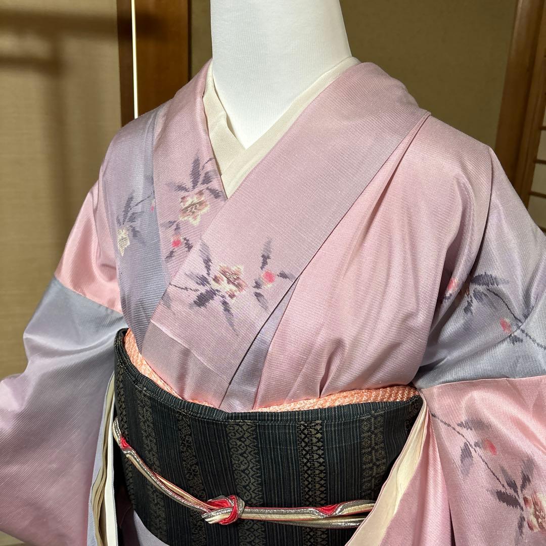 美品 袷 紬 白紬 小紋 フルセット 身丈163.5 裄丈67 かなりゆったり