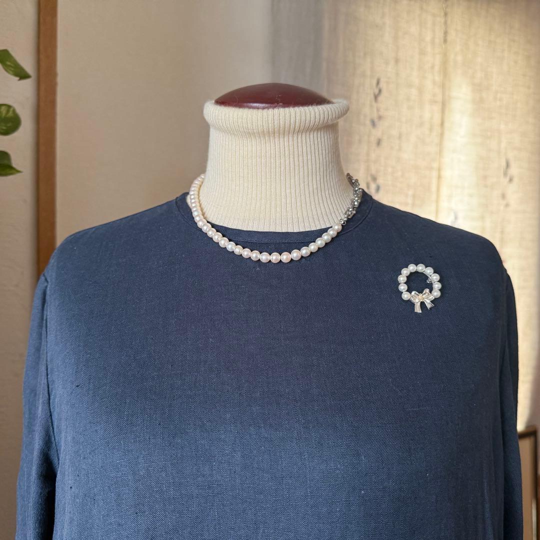 ティファニー925/750アコヤパールリボンリースブローチ 共箱付き