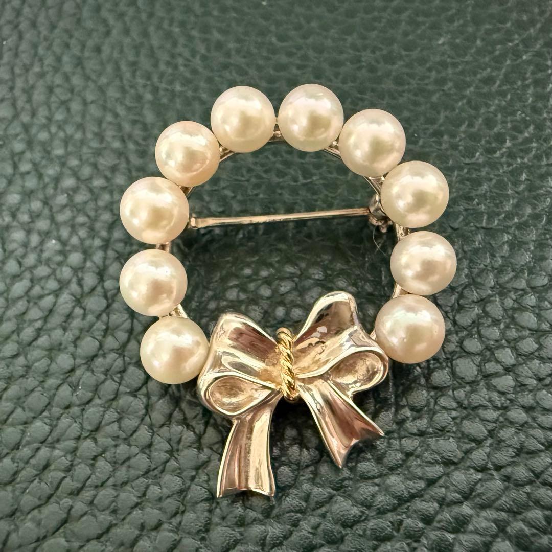 ティファニー925/750アコヤパールリボンリースブローチ 共箱付き