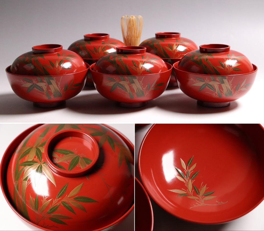 CG34 輪島塗 時代木製漆器 竹笹蒔絵 朱塗御吸物椀 五客 / 伝統漆芸茶懐石 CG34 輪島塗 時代木製漆器 竹笹蒔絵 朱塗御吸物椀 五客 / 伝統漆芸茶