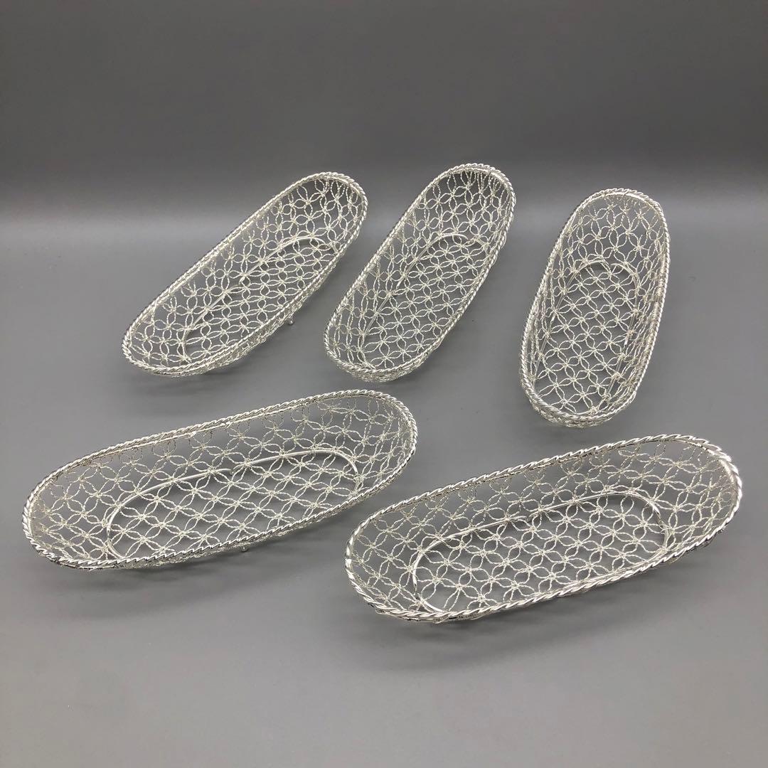 新品箱付 銀座和光WAKO銀細工おしぼりトレイかご編みシルバー銀加工5枚