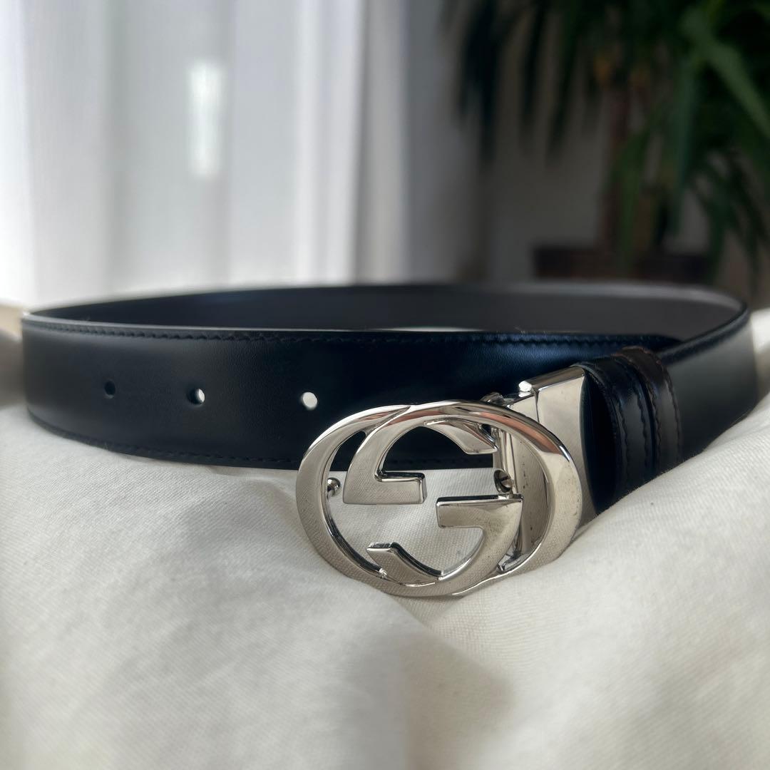 GUCCI グッチ Ladys レディース ブラックレザーベルト ダブルGロゴ