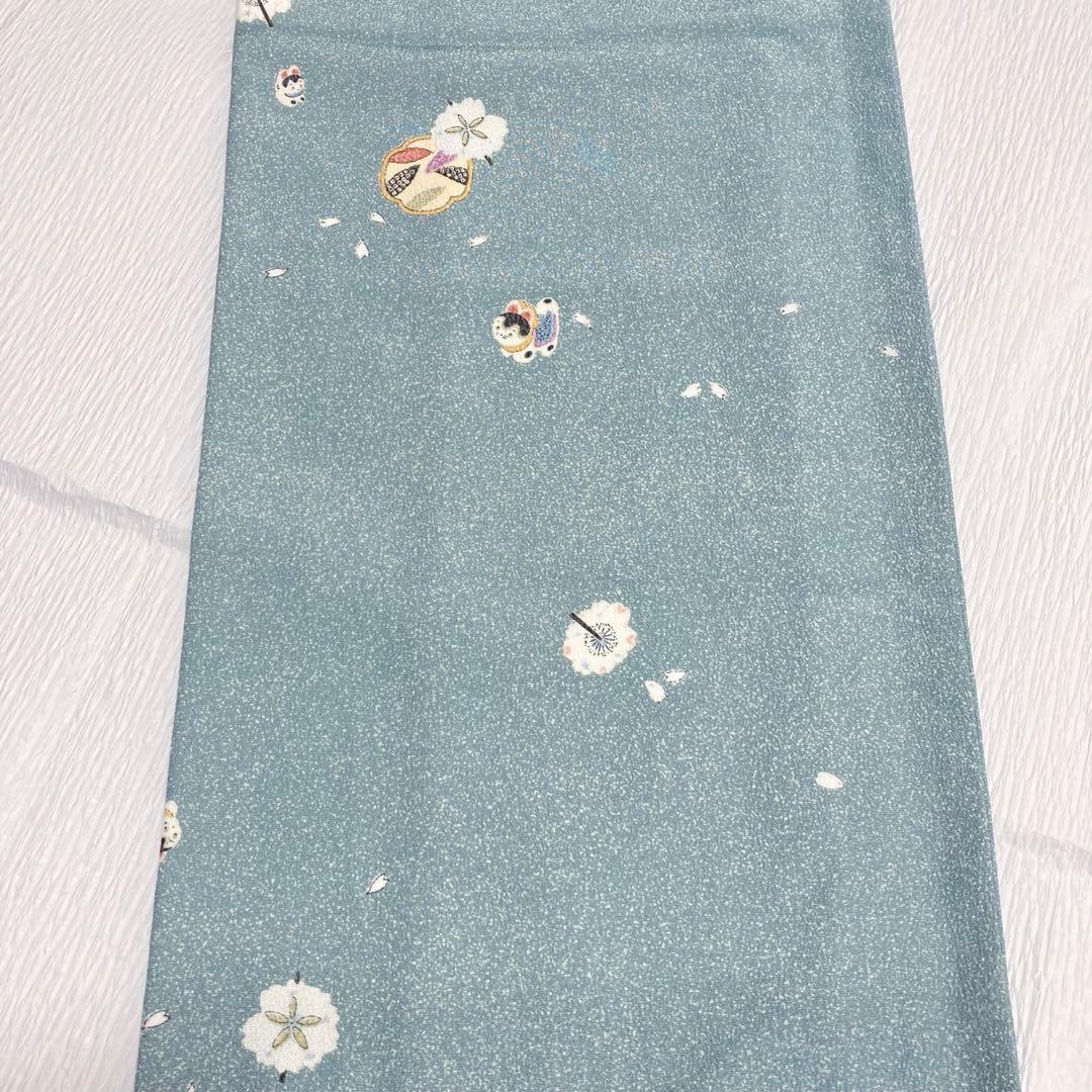 美品✨】東レシルック 洗える着物 小紋 水浅葱色 狛犬 桜 手縫い仕立て