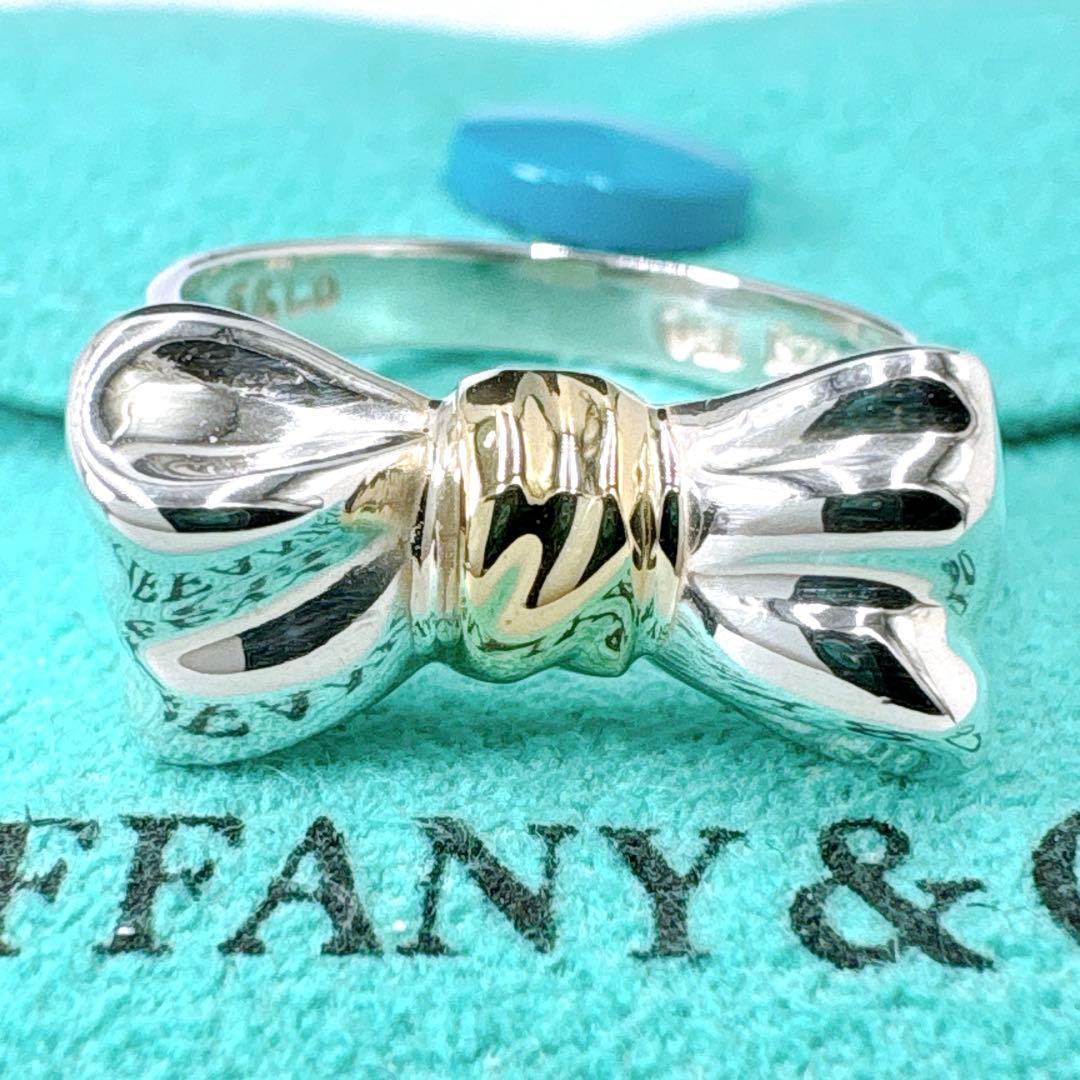 極美品 オールドティファニー リボン コンビ リング 8号 シルバー k18