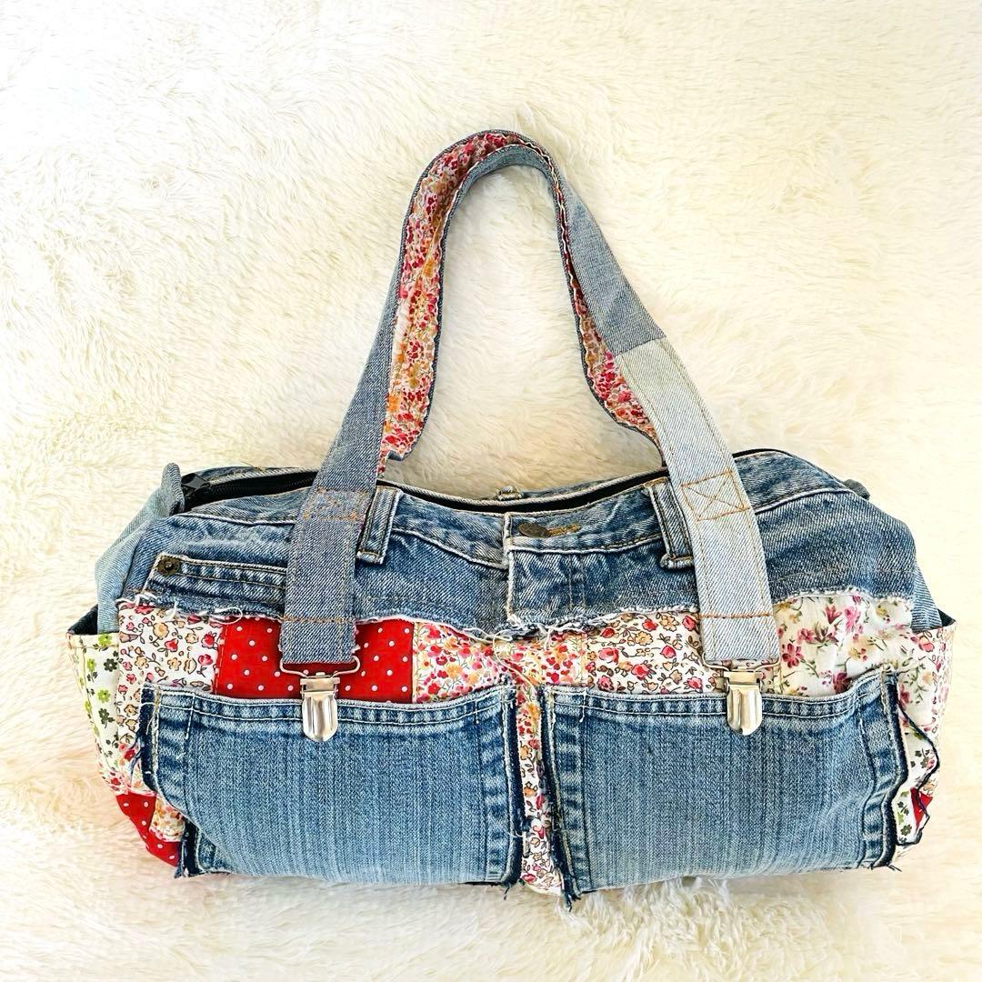 デニムリメイクバッグ パッチワーク 花柄 ボストン ハンドメイド