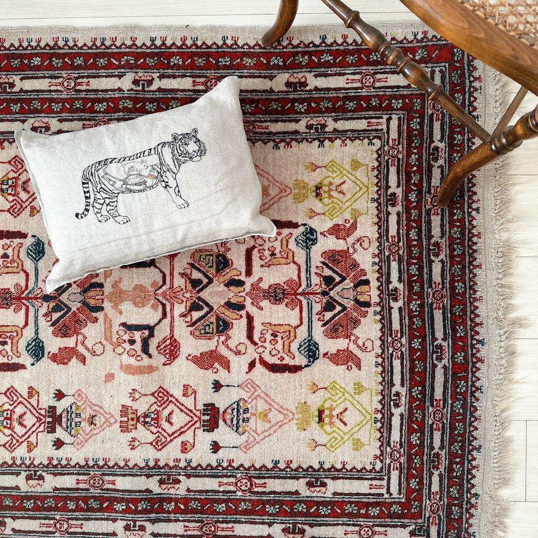 トルコ製ヴィンテージラグ771高級 レア アイボリー レッド イエロー