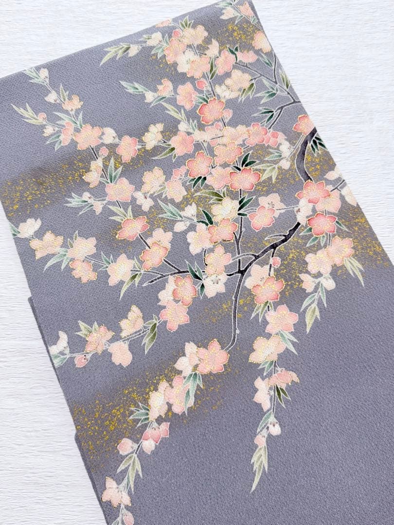 m-57 東京友禅 加納知之 枝桜 鬼しぼ縮緬 金彩 名古屋帯 正絹