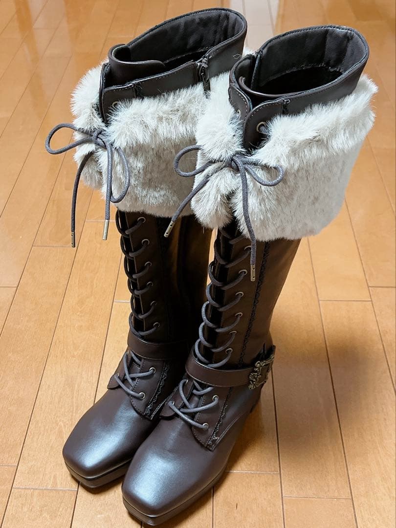 しまむら クラロリ くる実 レースアップ ロングブーツ ブラウン L