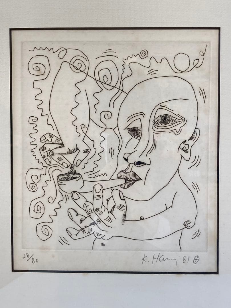 【超希少品】 キースヘリング アート 絵 絵画 レア 1点物 現状品 額縁付き Keith Haring】キース・ヘリング/絵画 アート メディウム額装