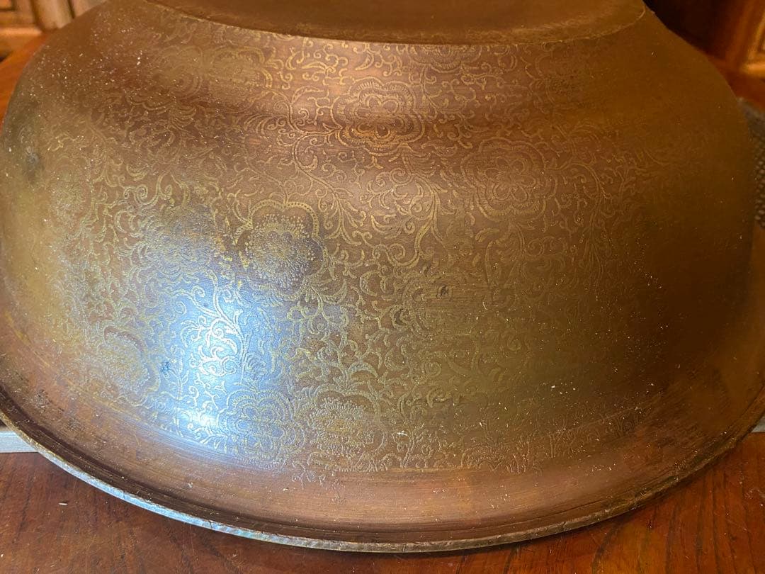 中国 清代 黄青銅 装飾洗面器 鑑賞スタンド付 ・ヴィンテージ レア