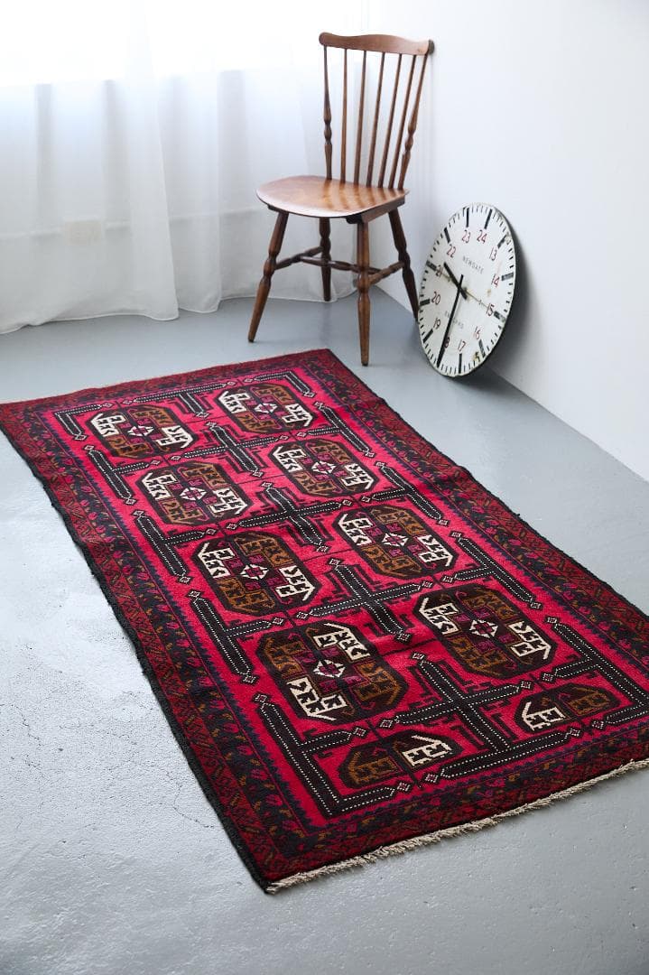 ヴィンテージラグ　トライバルラグ　バルーチ族(199×103cm)茶・赤・紺・黒 幸福の鳥モチーフ アフガントライバルラグ バルーチ族 オールド手織り