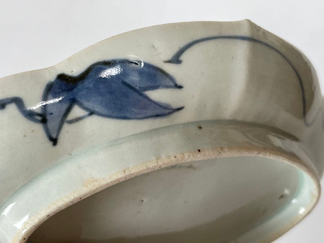 骨董 アンティーク 色絵古九谷 古伊万里 染付 赤絵 海老文様 変形皿 木瓜皿