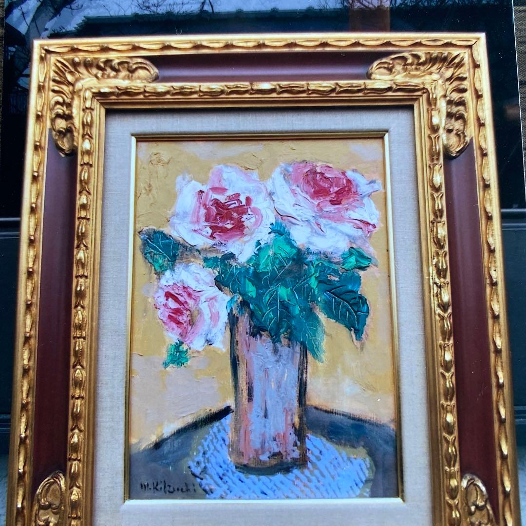 画家菊地正則「三輪のバラ」(ピエールロンサン)絵画 油彩画 額付き F4