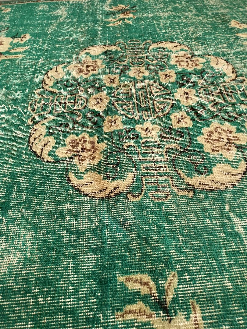 超大判/エメラルドグリーンのシノワズリラグ トリコヴィンテージラグ No586