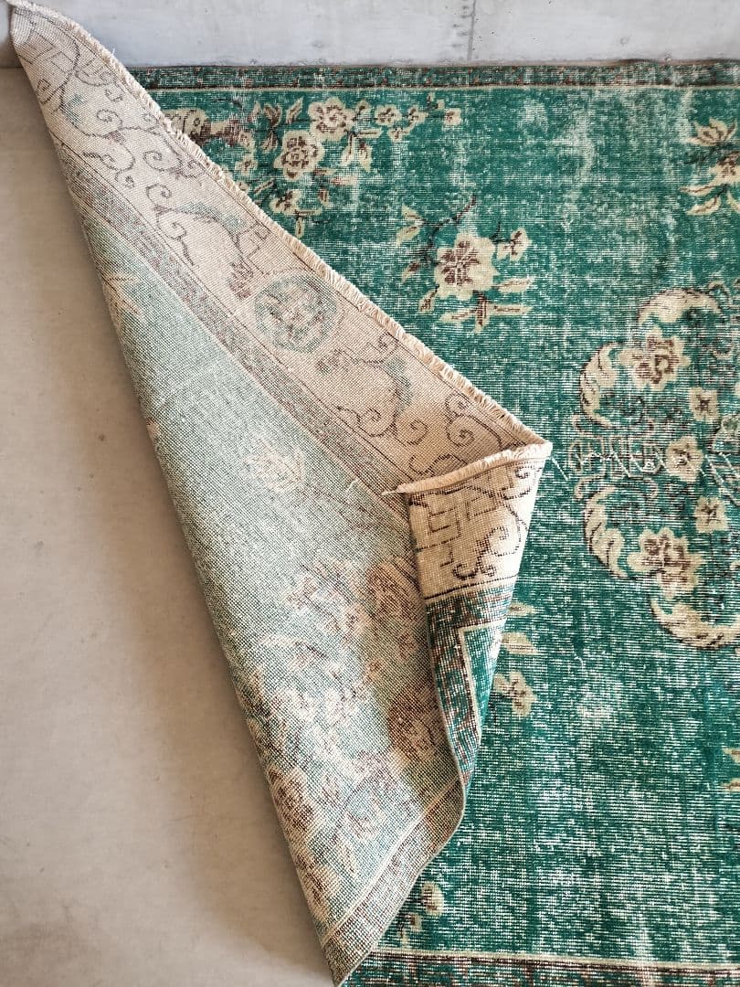 超大判/エメラルドグリーンのシノワズリラグ トリコヴィンテージラグ No586