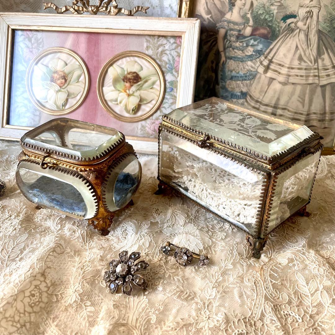 ローズ柄ベベルガラスジュエリーボックス アクセサリーケース フランス