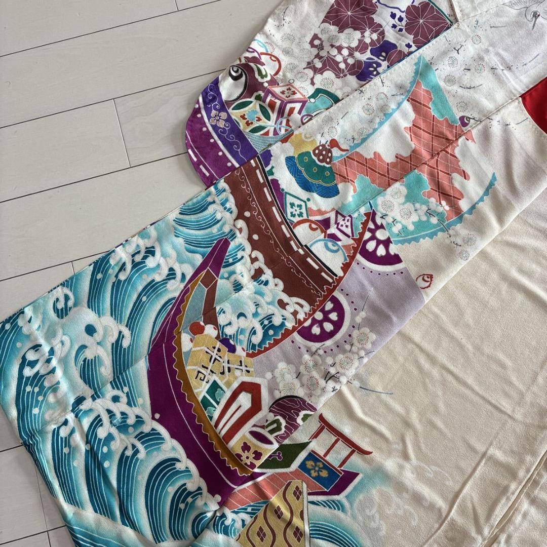 □E5029□アンティーク□正絹縮緬□大正ロマン 五つ紋 宝船と鶴柄 袷