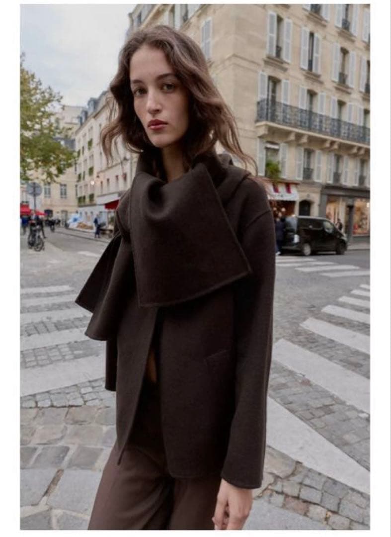 完売品⭐︎ZARA ウール ショートスカーフコート M ブラウン 今期新作