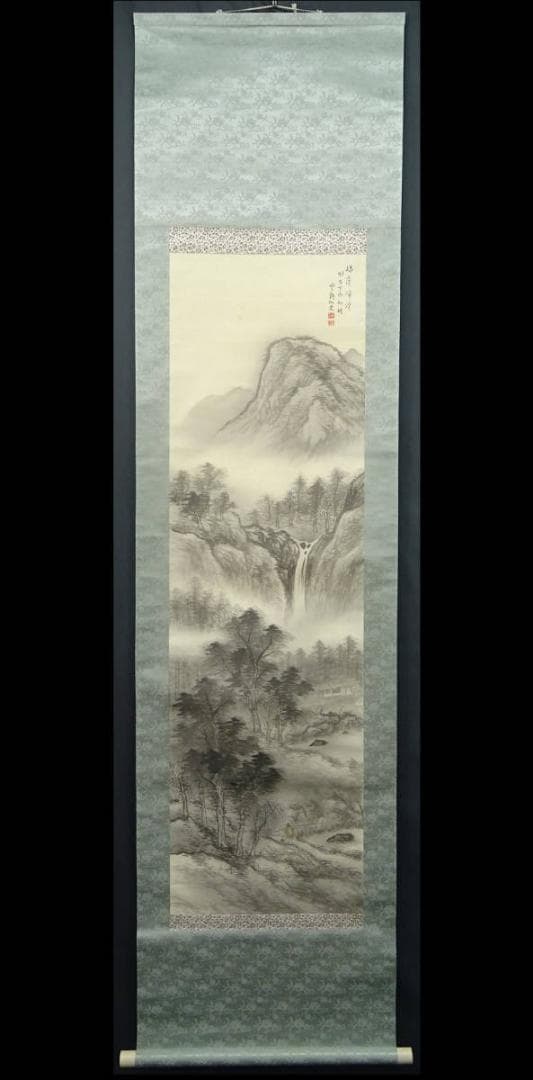 掛軸 中島雲谿『緑蔭帰湧 冬景山水図』絹本 肉筆 無地箱 掛け軸