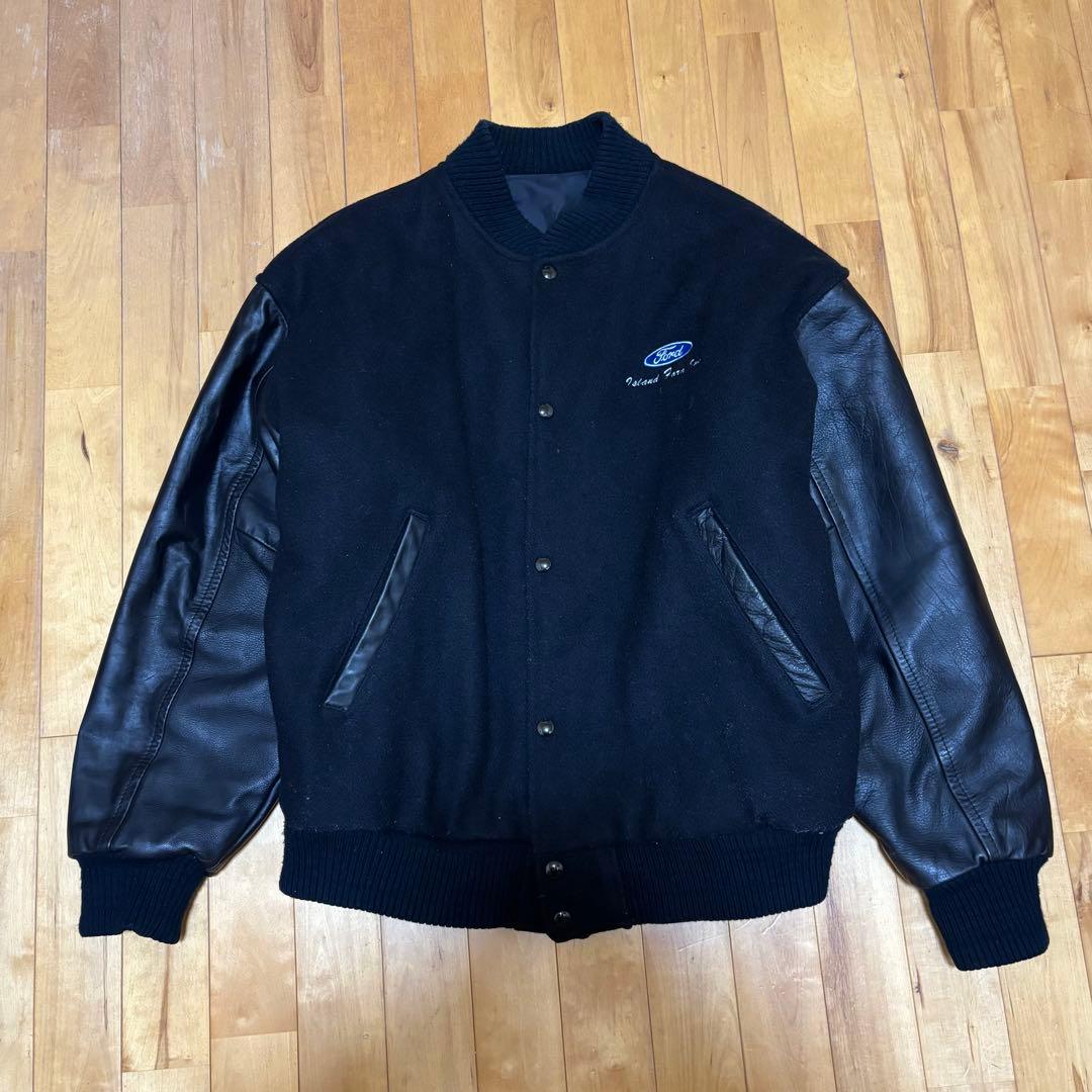 フォード　スタジャン　袖レザー　 ブルゾン　企業　90s 古着 送料無料』90s レーシングジャケット リバーシブル 袖レザー4XL 黒