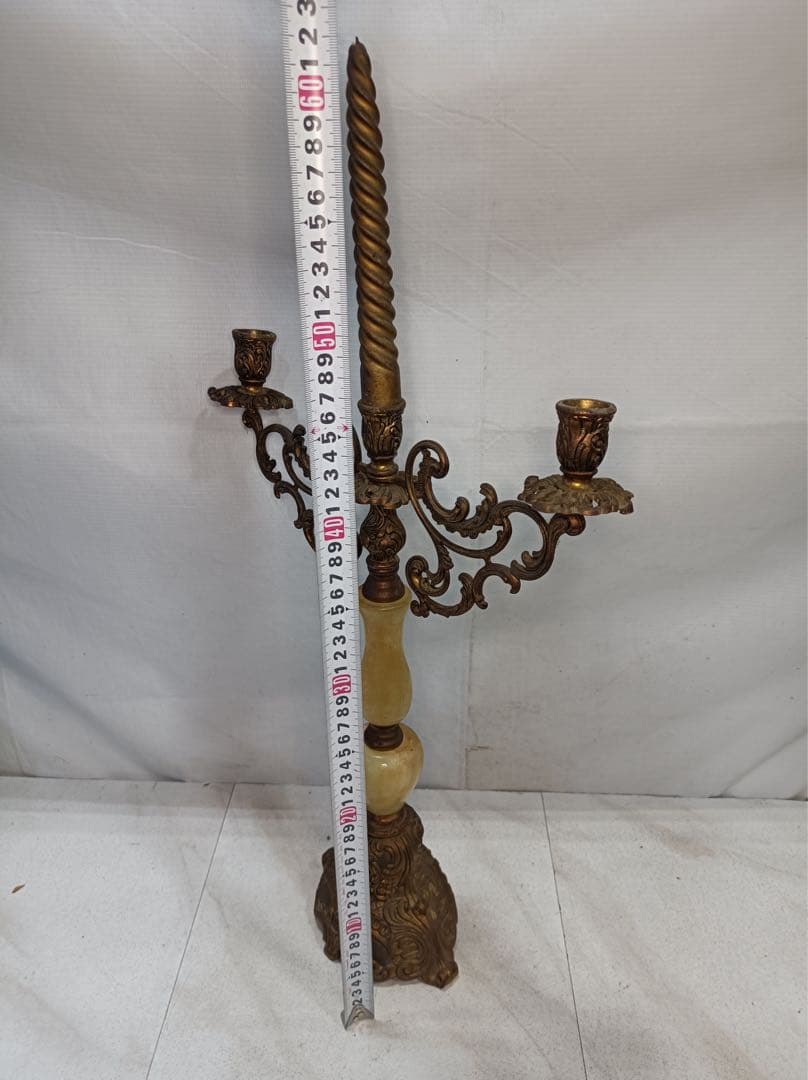 八6564] 真鍮製 大理石 燭台 キャンドルスタンド