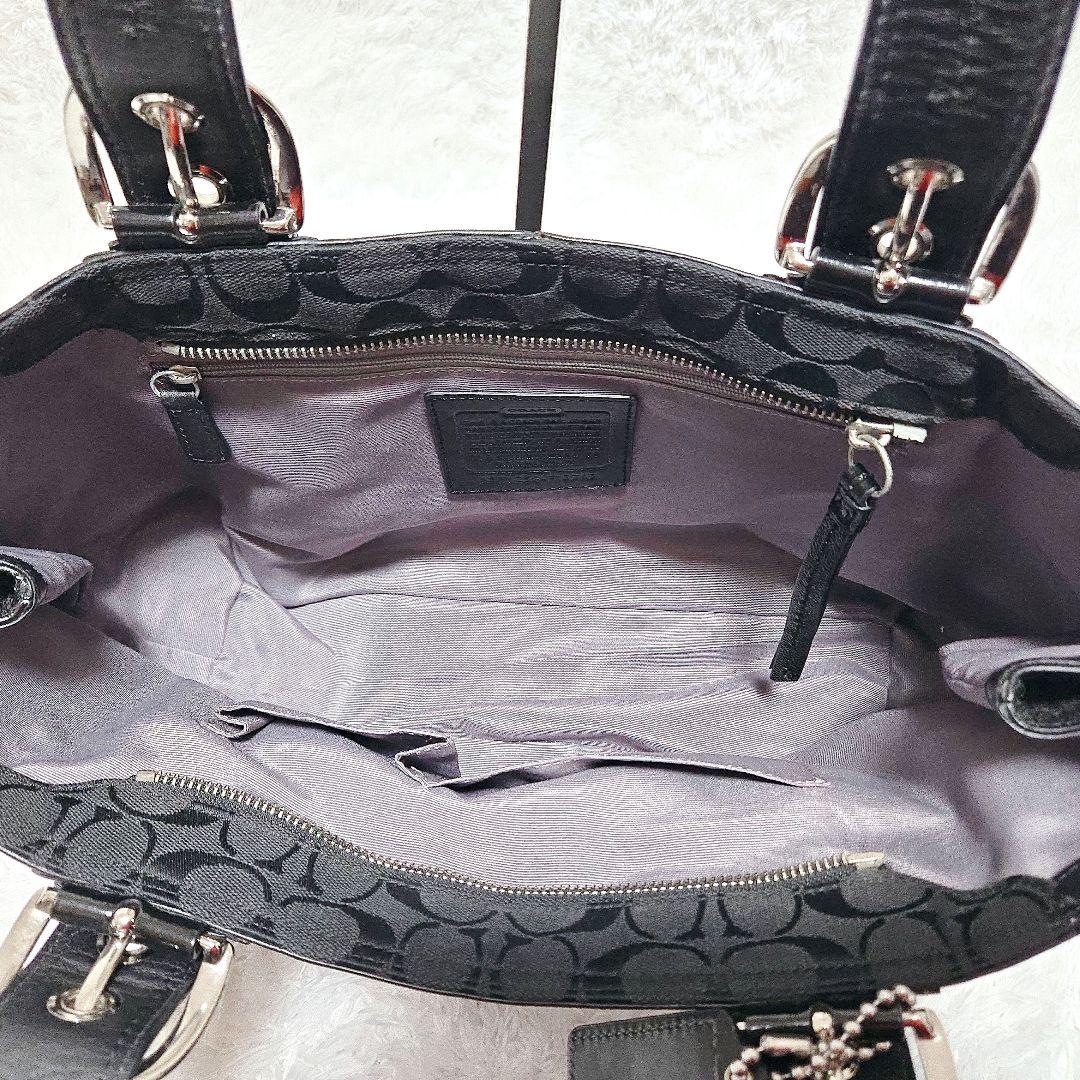 COACH ブラック シグネチャー パテントレザー キャンバス トート