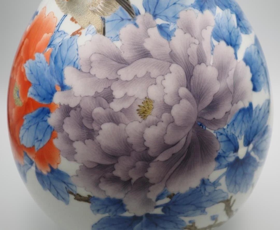 真葛香山 宮川香山 青華釉下彩花瓶 4鳥牡丹図 台付き - メルカリ